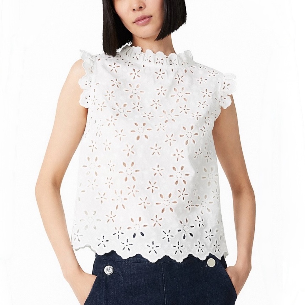 kate spade White Eyelet Sleeveless Ruffle Neck Blouse